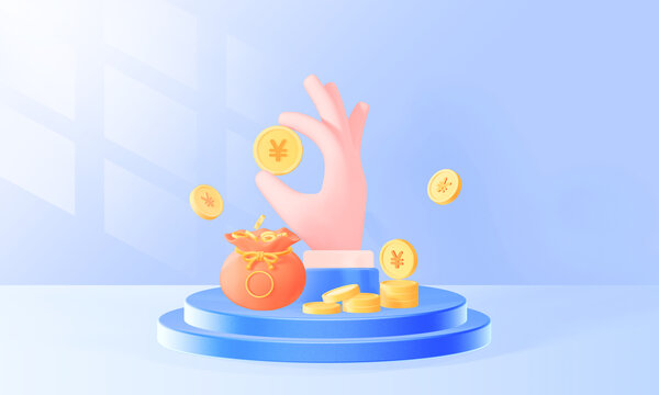 3D金融理財(cái)手拿金幣插畫