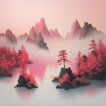 粉紅色山水風(fēng)景