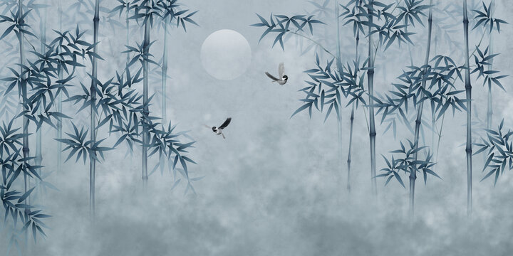 新中式竹林鳥背景墻裝飾畫