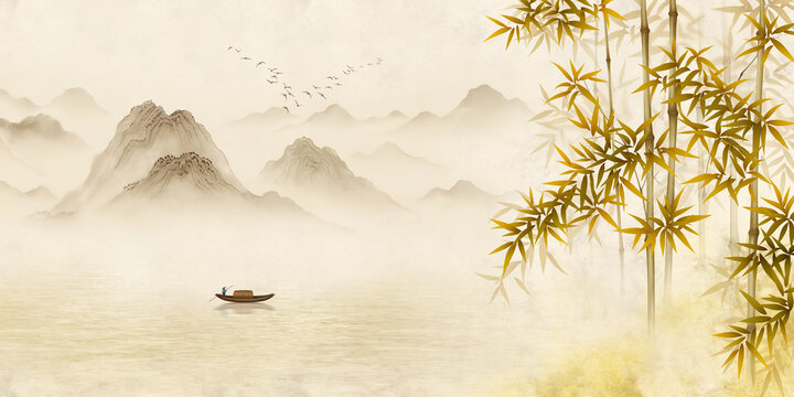 新中式竹子山水畫(huà)背景墻