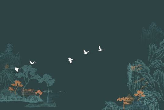手繪線描山水圖山水畫(huà)