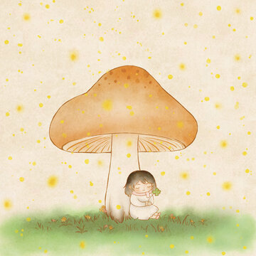 蘑菇下的小女孩