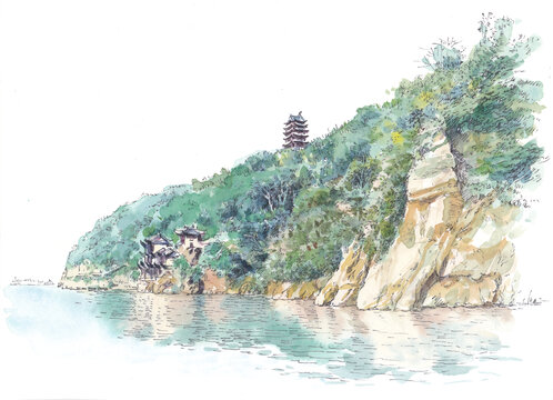 安徽馬鞍山采石磯水彩畫