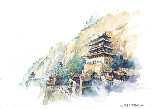 山西晉中介休綿山壯麗水彩畫(huà)