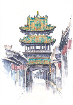 山西平遙市樓水彩畫