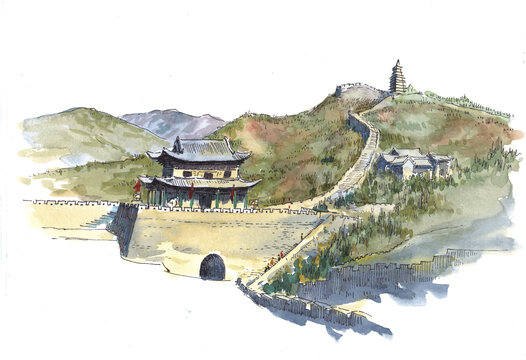 山西忻州雁門關城水彩畫