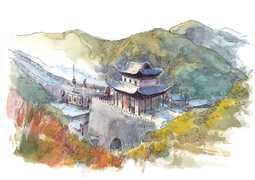 山西忻州雁門關(guān)水彩畫
