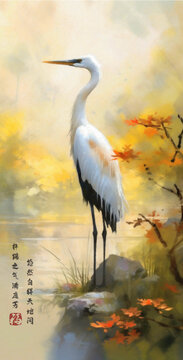 國風(fēng)水彩畫仙鶴背景裝飾畫