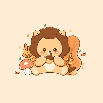 秋天抱松果小獅子