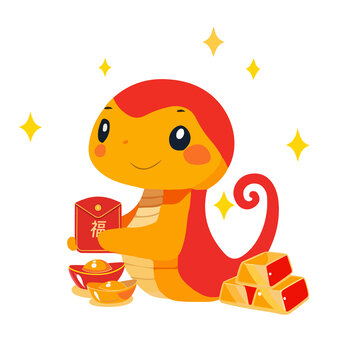 蛇年新年Q版可愛小蛇福氣插畫