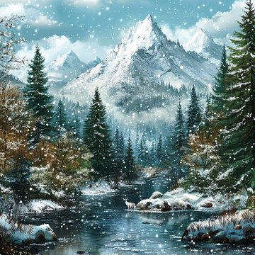 雪山森林河流圖