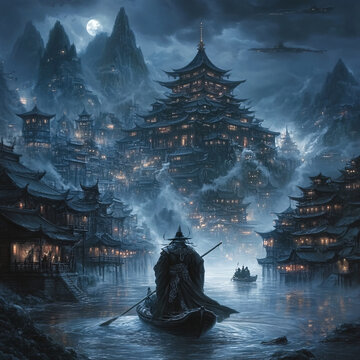玄幻古鎮(zhèn)夜景