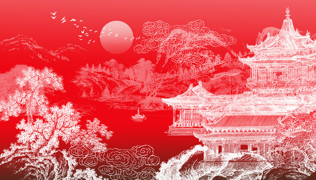 新中式樓閣山水背景墻