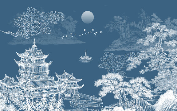 線描樓閣山水畫(huà)背景