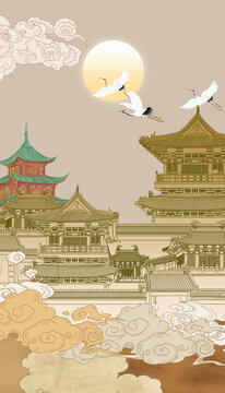 古典樓閣刺繡壁畫