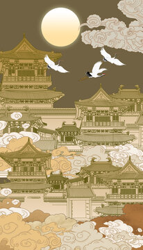 古典樓閣刺繡壁畫(huà)