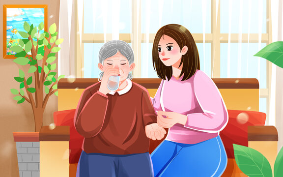 女兒照顧老人母親吃藥插畫