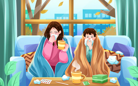 秋冬降溫流行感冒發(fā)燒插畫