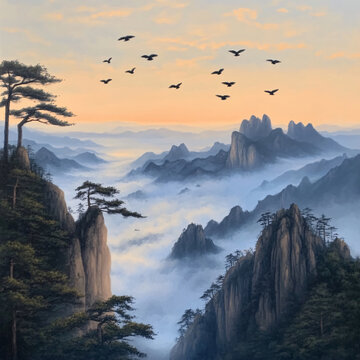 迎客松油畫