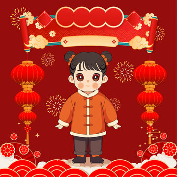 新年元旦春節(jié)小女孩