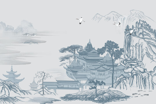 高端線描山水背景墻