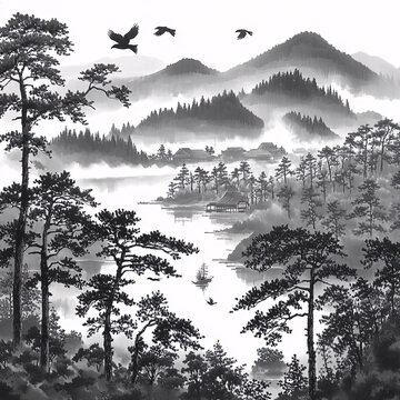 黑白中式水墨山水畫芯