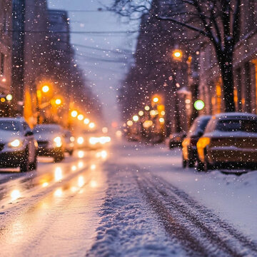 雪花飄落街道上空