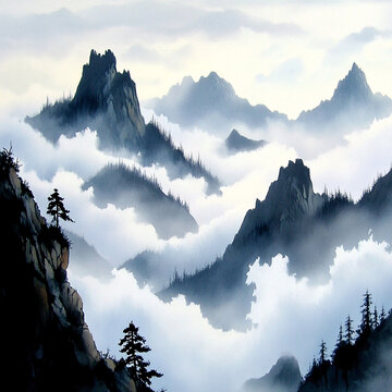 墨韻禪意山峰云霧風(fēng)景