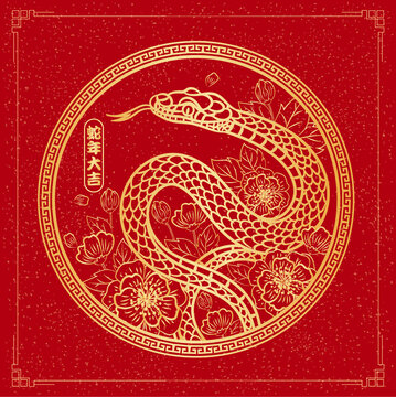 蛇年喜慶紅底金色剪紙窗花素材
