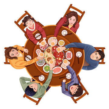 家庭聚餐團(tuán)年飯年夜飯團(tuán)聚插畫