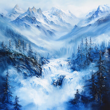 風(fēng)雪流水山脈油畫(huà)