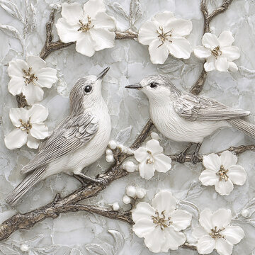 大理石玉蘭花鳥