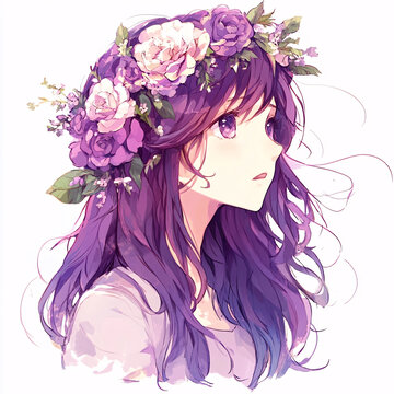 紫發(fā)花朵卡通女孩