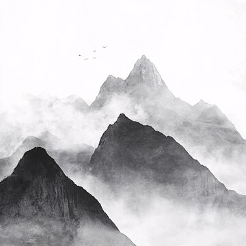 黑白意境水墨山