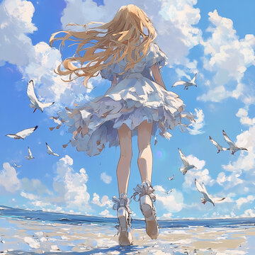 海邊藍天美少女