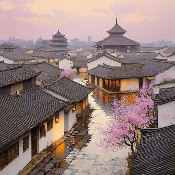 晚霞照耀下的古城
