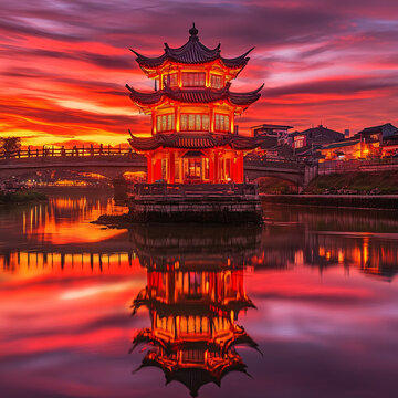 古建筑湖泊晚霞