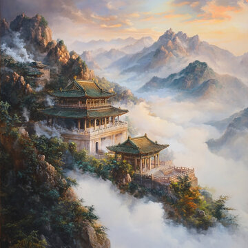 古風亭臺樓閣油畫