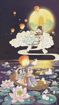 中秋國風(fēng)仕女圖原創(chuàng)插畫