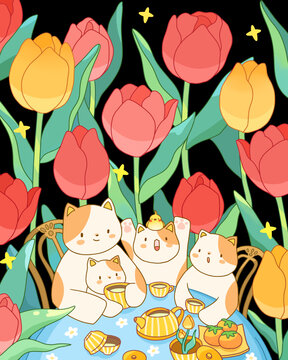 郁金香花園喝茶貓咪