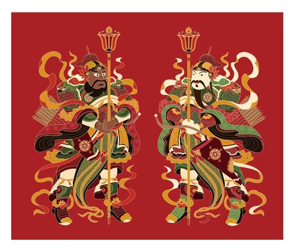 彩繪門神一對矢量圖