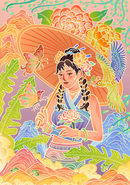 原創(chuàng)云南花茶美女分層矢量插畫