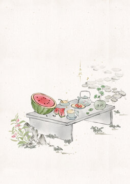 水墨靜物美食二十四節(jié)氣系列立秋