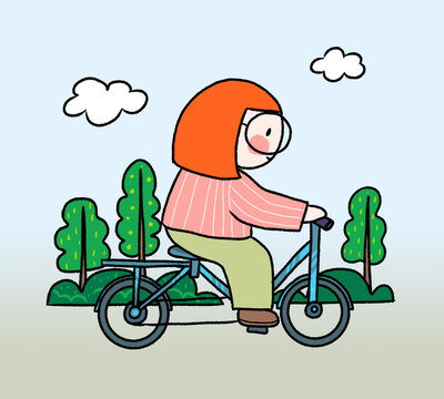 騎自行車的女孩綠色出行插畫
