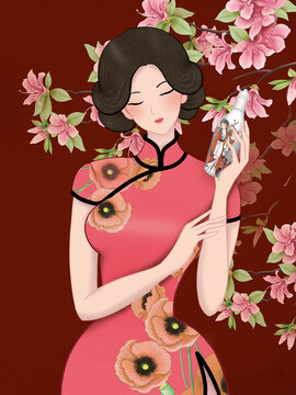 拿酒瓶的旗袍美女