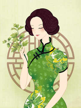 拿艾草的旗袍美女