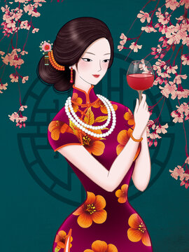 喝紅酒的旗袍美女