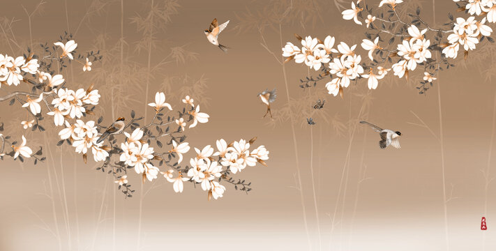 新中式玉蘭花鳥圖