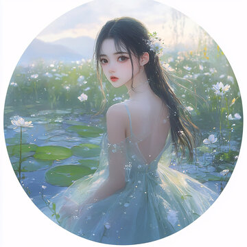 荷花池中少女