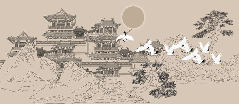 樓閣迎客松刺繡背景墻線描